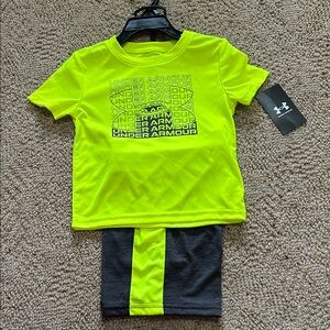 Under Armour Boys 2T Athletic Outfit Set Neon Yellow Shirt & Gray Shorts NWT